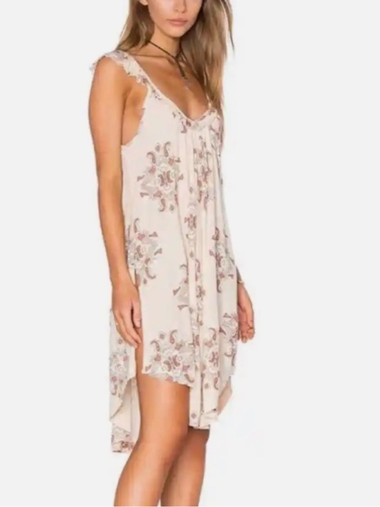 Free People Dresses & Skirts - Free People Drifter Dress Ivory Floral Boho Swing Tank Dress Ruffle Trim